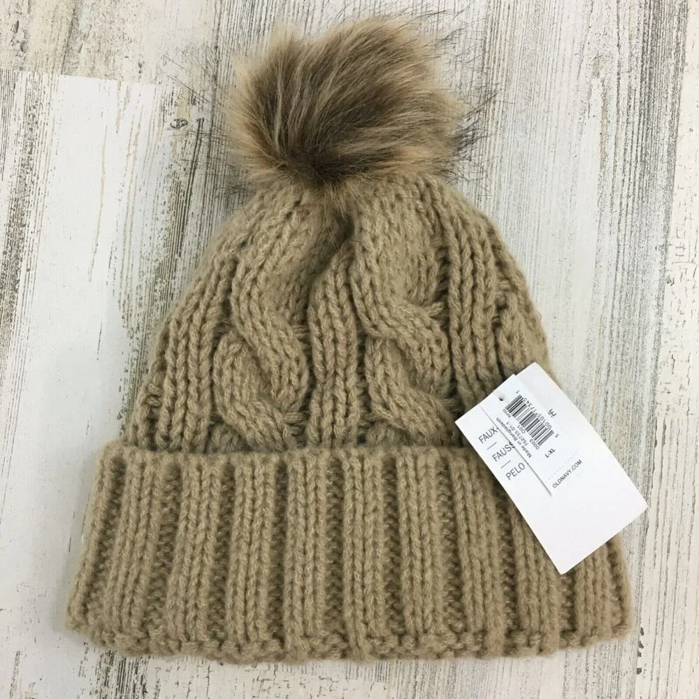 Old Navy Tan Cable Knit Faux Fur Pom Pom Beanie Hat Girls L XL NWT